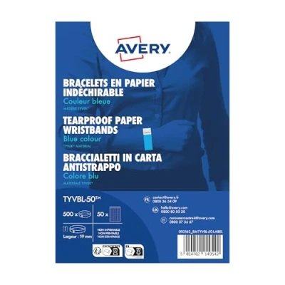 Image of Avery Tyvek Paper Bracelets/Wristband Blue Tear Proof Ideal for Events, Parties, Celebrations TYVBL 50