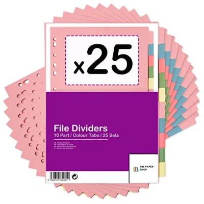 Image of [25 Pack] A4 File Dividers 10 Part Subject Card Folder Multi Hole Punched in Assorted Colours Fit All Portrait (25)