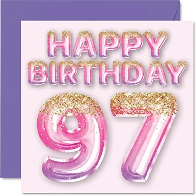 Image of 97th Birthday Card for Women Pink &amp; Purple Glitter Balloons Happy Cards 97 Year Old Woman Mum Great Nanny Grandma Gran, 145mm x Ninety Seven Seventh Greeting Gift