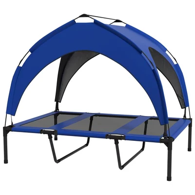 Image of PawHut Cooling Raised Dog Bed, Elevated Pet Bed with Breathable Mesh, UV Protection Canopy, Foot Pads, for Indoor Outdoor, Large Dogs, 106 x 76 94cm Dark Blue