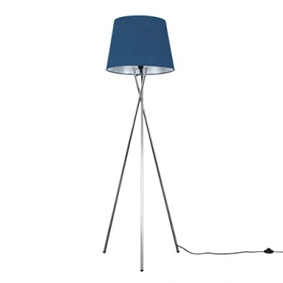 Image of MiniSun Modern Polished Chrome Metal Tripod Floor Lamp with a Navy Blue Tapered Shade Complete 6w LED Bulb [3000K Warm White]