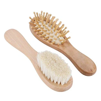 Image of Baby Natural Wooden Hair Brush and Comb Set Eco Friendly Goat Bristles for Newborns Toddlers Daily Care