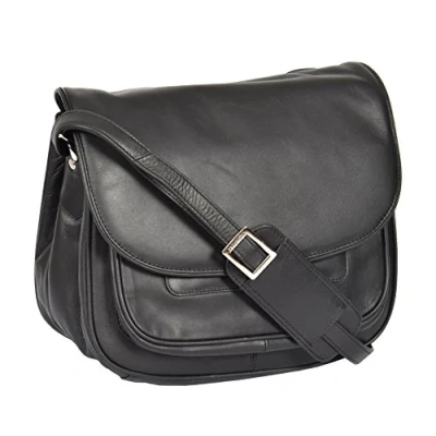 Image of A1 FASHION GOODS Womens Soft BLACK Leather Multi Zip Pockets Shoulder Bag Large Classic Flap Over Cross Body A95