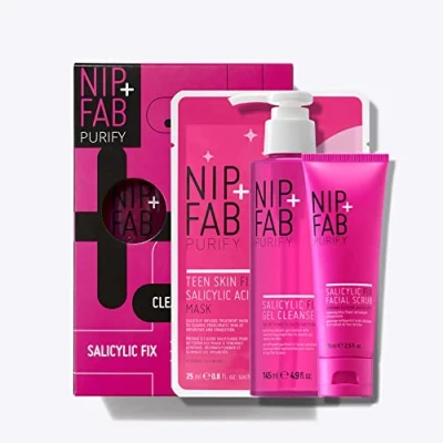 Image of Nip+Fab Salicylic Fix 3 Piece Starter Kit Contains Gel Cleanser, Scrub, Sheet Mask Exfoliant for Pores Hydrating Reduces Blemish Moisturizing Vegan and Cruelty Free