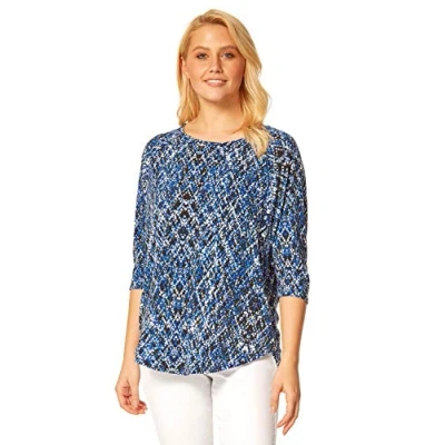 Image of Roman Originals Womens Animal Print 3/4 Sleeve Top Ladies Smart Casual Office Work Jumper Soft Everyday Blouse Lounge Oversized Stretch Jersey Shirt Comfy Pullover Royal Blue Size 10