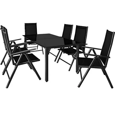 Image of CASARIA® Bern 6+1 Garden Dining Furniture Set 6x 8 Way Adjustable High Back Folding Chairs Table 150x90cm Aluminium 5mm Frosted Safety Glass Weatherproof Patio Balcony Deck Seating Silver