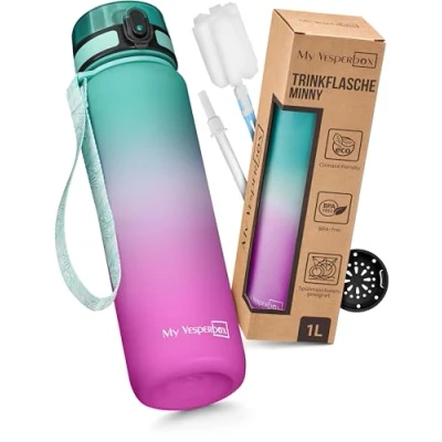 Image of My Vesperbox 1L Water Bottle Leak proof &amp; BPA Free for Children Adults Includes Replacement Seal, Cleaning Brush, Fruit Strainer Optional Straw Ideal School, Office, Sports Leisure
