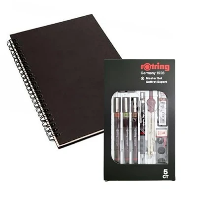 Image of rOtring Isograph Technical Pen Master Set S0699420 3 Fineliners (0.10mm, 0.30mm, 0.50mm), Mechanical Pencil (0.5mm), Compass &amp; Accessories, 10 Piece in Case With Notebook