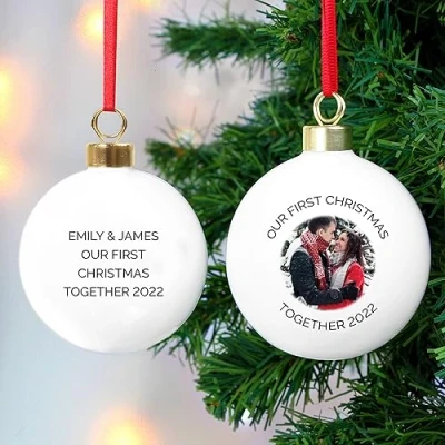 Image of Custom Personalised photo Upload Ceramic Christmas Tree Bauble with any or message. Perfect for memorial