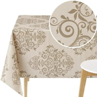 Image of KP HOME Waterproof PVC Wipe Clean Tablecloth Rectangle Oilcloth 78 X 55 in 200 140 cm Elegant Baroque Plastic Table Cloth Outdoor Vinyl Cover Wipeable Cream Beige