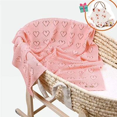 Image of Baby Soft Knit Lovely Cotton Pure Blanket for Boys and Girls, Odot Toddler Warm Swaddle Sleeping Square Throw Blankets Knitted Patterns Pram Cot Bed Textured Sleep (Pink,100 x 80 cm)