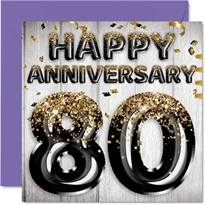 Image of Awesome Oak Anniversary Card for Husband Boyfriend Wife Girlfriend Black Gold Glitter Balloons Happy 80th Cards from Family, 145mm x Greeting Eightieth Anniversaries