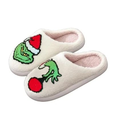 Image of ENIXWH Grinch Slippers Christmas Happy for Women Men Funny Plush Winter Warm Fluffy Slippers, b, 4/5 UK