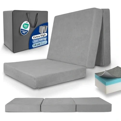 Image of Beautissu Premium L foldable folding mattress 75x195 cm guest bed extra thick 14cm visco foam hardness H3 high sleeping comfort, washable easy transport grey