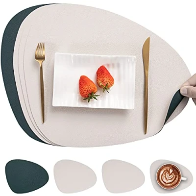 Image of Myir JUN Leather Table Mats and Coasters, Placemat Round PU Waterproof Dual Sided Kitchen Place Coffee Non Slip Washable Placemats Coaster Sets 4 (Set of 4, Pearl White Green)