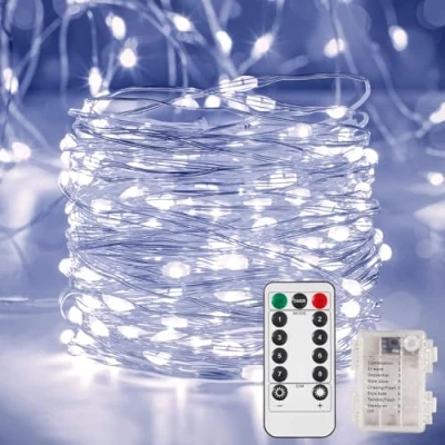 Image of Ariceleo 32.8ft 100 LED Fairy Lights 1 Pack, Waterproof, Cool White, Battery Operated String with Remote, Timer,Twinkle, Flexible Copper Wire for Outdoor, Bedroom, Wedding, Christmas Décor