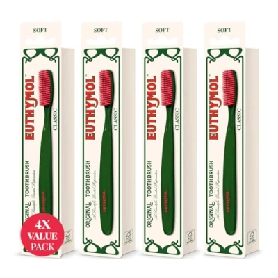 Image of Euthymol Classic Toothbrush x 4, Large Full Head, Soft Bristle, Triple Curve Ergonomic Manual Toothbrushes, Efficient Cleaning, Sensitive Gums Teeth, Daily Oral Enamel Dental Care