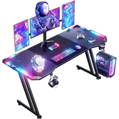 Image of DLONGONE 160 x 60cm RGB Gaming Desk, Large Table for Laptop, Home Office Desk with Carbon Fiber Coated, PC Headphone Hook and Cup Holder, Easy to Assemble, Black