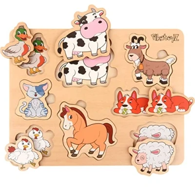 Image of Pikatoyz Wooden Puzzles for 1 2 3 Year Olds. Montessori Puzzle Kids. Toys Old and up of farm animals. Old. Ideal Kids gift. Toddler jigsaw puzzles.