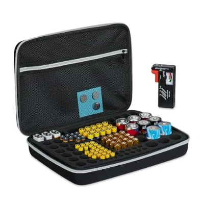 Image of Relaxdays Organiser Case with Tester, for AA, AAA, C, D &amp; 9V Block Batteries, Storage Box Handle, Black, Foam, 24 x 34 8 cm