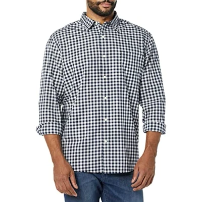 Image of Amazon Essentials Men&#039;s Long Sleeved Regular Fit Stretch Poplin Shirt, Navy White Gingham, XS