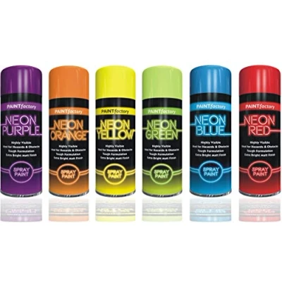 Image of HitlineUK NEON SPRAY PAINT 6 CANS OF FLUORESCENT CAN 200ML GRAFFITI EXTRA BRIGHT Yellow Purple Orange Green Blue Red