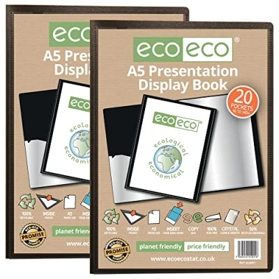 Image of eco A5 Size 50% Recycled 20 Pocket Black Presentation Display Book, Storage Case Portfolio Art Folder with Plastic Sleeves, eco001x2, (Pack of 2 Books)