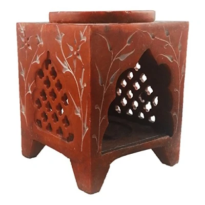 Image of Burnt Umber Elven Square Jali Soapstone Essential Oil Burner/Aromatherapy Burner Small