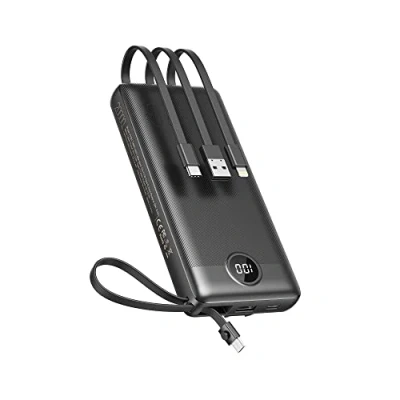 Image of VEEKTOMX Power Bank with Built in Cables, 20000mAh USB C Portable Charger 5 Outputs &amp; 2 Inputs and LED Display, Travel External Battery for iPhone/iPad/Samsung/Android Devices, Black