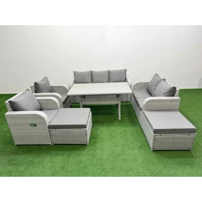 Image of Pe Rattan Garden Furniture Set Reclining Chair Sofa Double Love Seat 2 Seater Lounge Rectangular Dining Table Big Footstool Light Grey