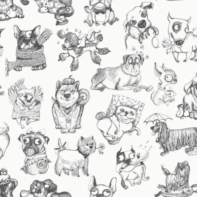 Image of Pooches Fun Dog Themed Monochrome Wallpaper for Children&#039;s Room, Nurseries, Playrooms, Hallways Feature Walls in Black and White Muriva 102577