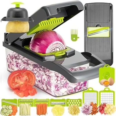 Image of KEOUKE Vegetable Chopper Slicer Dicer 12 in 1 Fruits Cutter Mandoline Food Chopper/Cutter (Grey&amp;Green)