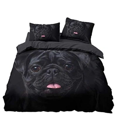 Image of Sticker Superb. Animal 3D Bedding Set Soft Microfiber Polyester Zipper Duvet Cover with Pillowcase 50x75 cm Boy Girl Quilt Single Double King Size, Black Pug (Black,Double 200x200 cm)