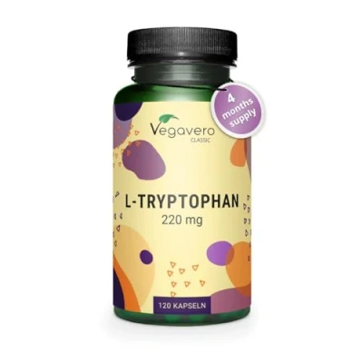 Image of Vegavero L Tryptophan 220 mg 120 Capsules (4 Months Supply) NO Additives Lab Tested Pure Supplement Vegan