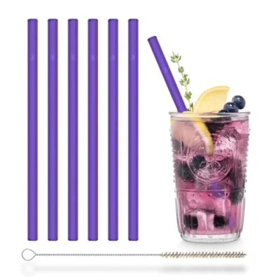 Image of Halm Lila NEON Glass Straws 6 Pieces 20 cm Neon, + Plastic Free Cleaning Brush Dishwasher Safe Sustainable Drinking for Cocktails, Smoothies, Juice
