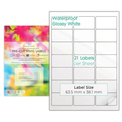 Image of 10 Sheets A4 Glossy Vinyl (PVC) White Precut Waterproof Multipurpose Label Self Adhesive Multi Sticker Labels Inkjet Printable (3 x 7 (21 per Sheet))