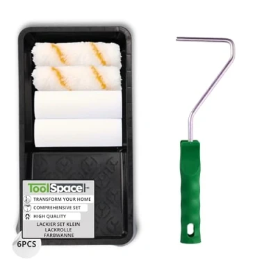 Image of ToolSpace Universal Painting Set Small 6 Pieces for Furniture And Areas 2xPolyurethane Paint Rollers 2xPaint 1x5cm Roller Handle 1xMini Tray Elements
