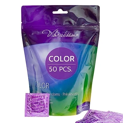 Image of VIBRATISSIMO Colour Condoms 50 Pack I Feel Real &amp; Extra Lubricated for m&#039;Men Colourful Male Contraception Including red, Black, Green, Yellow, Gold.
