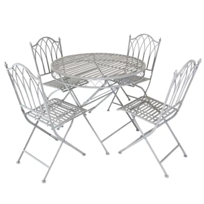 Image of Charles Bentley Rustic 5 Piece Wrought Iron Bistro Set For Patio, Garden, Balcony, Stylish, Outdoor Furniture, Rustproof, 4 Person, Grey, 1 Circle Table, Lightweight, Chairs (90x90x74.5cm)