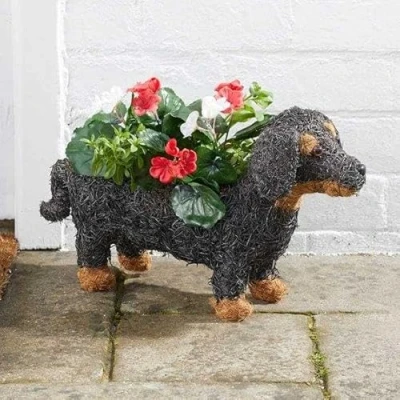 Image of Garden Mile® Animal Themed Flower Planters Novelty Rattan Straw Plant Pots Shelley Sheep and Scottie Dog Decor with a Purpose Lawn Patio (1, Sausage Dog)