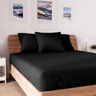 Image of Soleil d&#039;ocre, Jersey Fitted Sheet, Cotton, Black, 140 x 190 cm