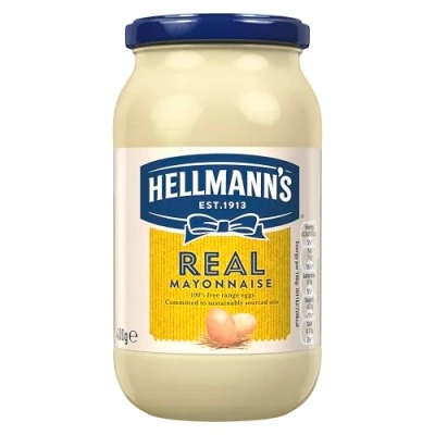 Image of Hellmann&#039;s Real Mayonnaise mayo made with 100% free range eggs and sustainably sourced oils for fries, burgers, salads 400 g