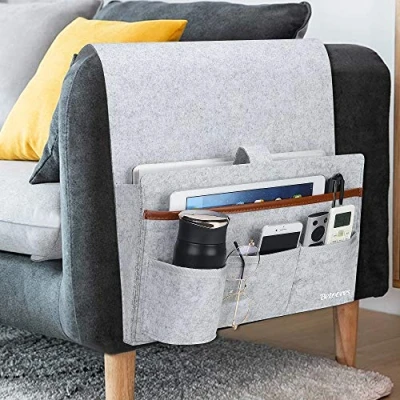 Image of Betoores Sofa Armrest Organizer Couch Recliner Chair Bedside Arm Caddie Remote Holder Caddy with 5 Storage Pockets for Magazine, Cell Phone, iPad, Gamepad Light Grey