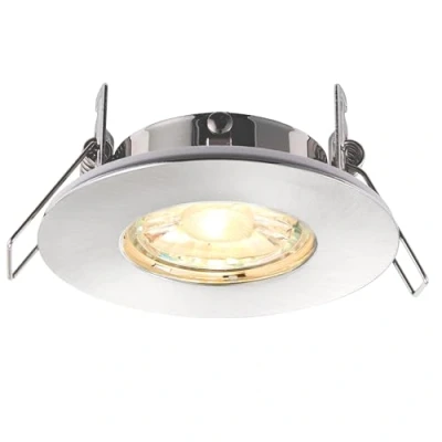 Image of SPECULO Ultra Slim Compact Brushed Chrome Fire Rated Downlight Recessed LED GU10 Round Spotlight Ceiling Light for Bathroom, Shower, Kitchen IP65