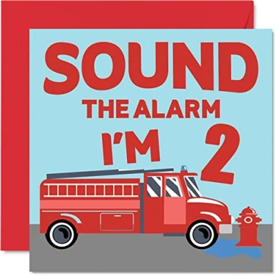 Image of 2nd Birthday Card Boy Fire Engine Happy 2 Year Old Boy, Boys Cards for Him, 145mm x Greeting Son, Brother, Grandson, Nephew, Cousin, God Second
