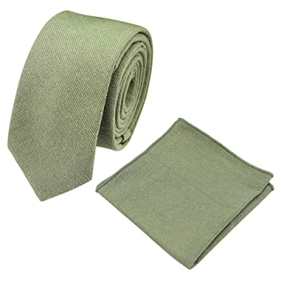 Image of DB Dickie Bow Men&#039;s Luxury Cotton Blend Skinny Neck Tie &amp; Pocket Square Set (Green) suitable for formalwear, office, weddings, parties, grooms groomsmen outfits