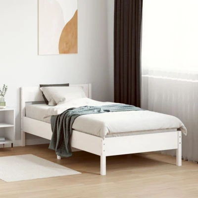 Image of vidaXL White Single Bed Frame with Headboard Solid Pine Wood, 100x200 cm, Modern Bedroom Furniture Plywood Slats, Easy to Assemble
