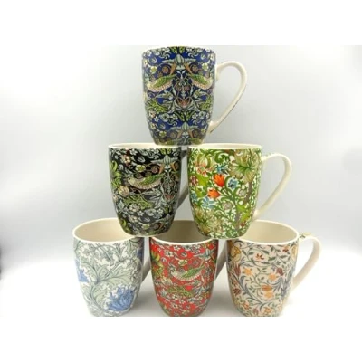 Image of Heron Cross Pottery &quot;Abbeydale Collection&quot; Set of 6 Aspen China Mugs in Assorted Vintage William Morris Designs