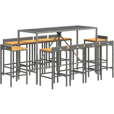 Image of vidaXL 11 Piece Garden Bar Set Grey Poly Rattan&amp; Solid Wood Acacia