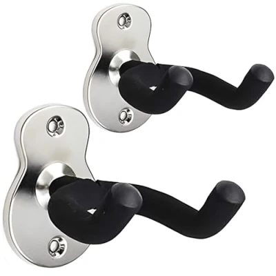 Image of Moodve Guitar Wall Mount Hanger 2 Pack, Shaped Metal Hanger, Black Hook Holder Stand for Bass Electric Acoustic Ukulele (Bright Silver Color)